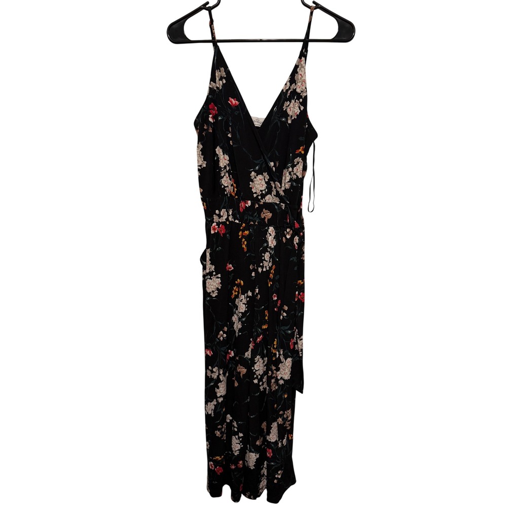 Kaileigh Womens Black Floral Wide Leg Surplice Jumpsuit with Pockets Size M